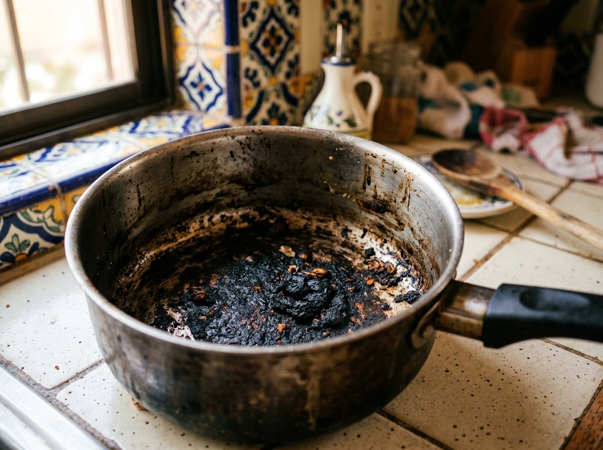 Olla quemada en la cocina